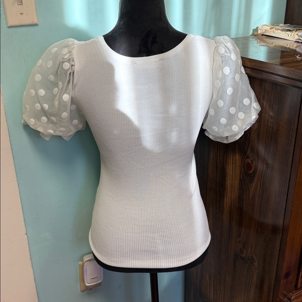 Entro White Ribbed Top with Sheer Puff Sleeves - Picture 2 of 4